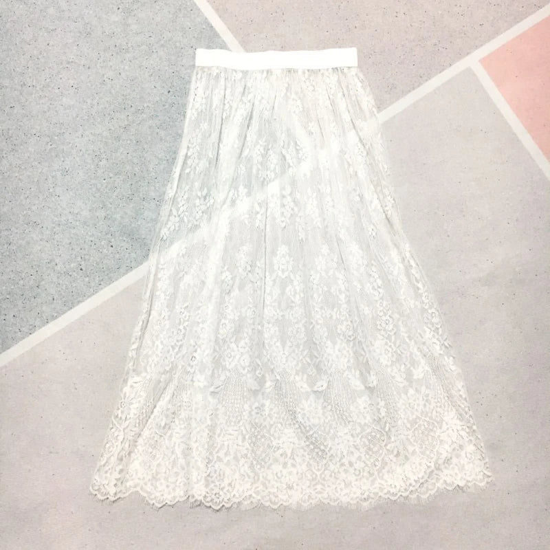 Transparent Sexy Lace Mesh Skirt Elastic High Waist Black White Tulle  Mini Skirts Womens Skirt  Korean Fashion