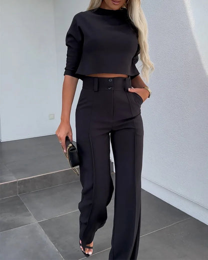 Elegant 2-Piece Women's Office Outfit Set with Mock Neck Crop Top And Buttoned Pants with Pocket Lady Work Wear matching Sets