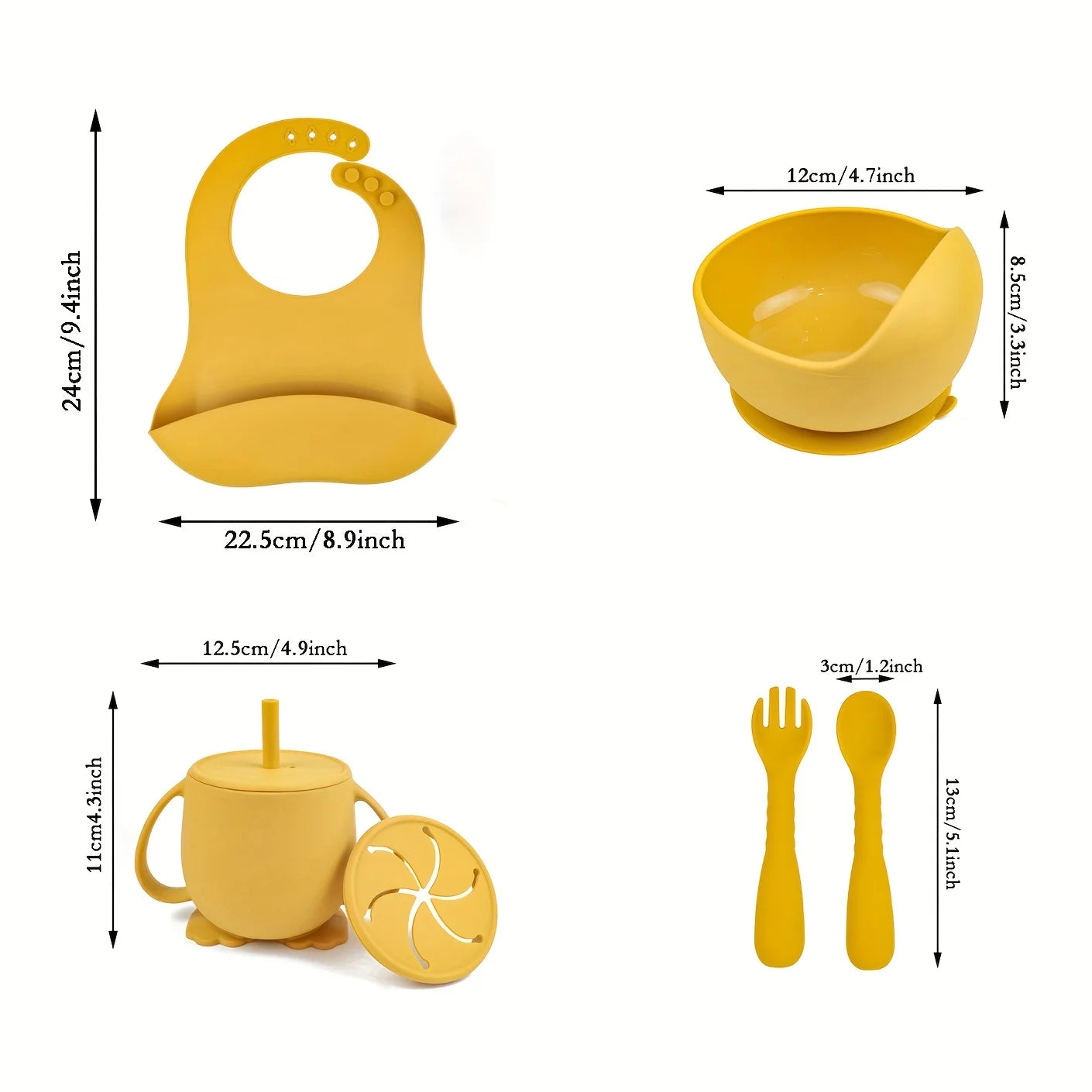 11pcs Silicone Baby Feeding Set: 1 Bowl, 1 Bib, 5-grid Plate, 2 Spoons & 2 Forks (Long & Short), 1 Cup with 2 Lids and 1 Straw