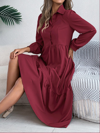 Casual Vacation Long Sleeved Turn-down Collar Single-Breasted Dress Spring Autumn Fashion Women's Clothing