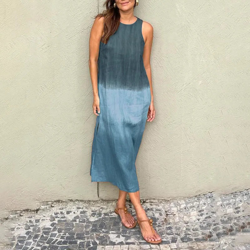 2024 Women Gradient Dress Split Sleeveless Maxi Dresses New Summer Casual Fashion Female High Street Vestidos