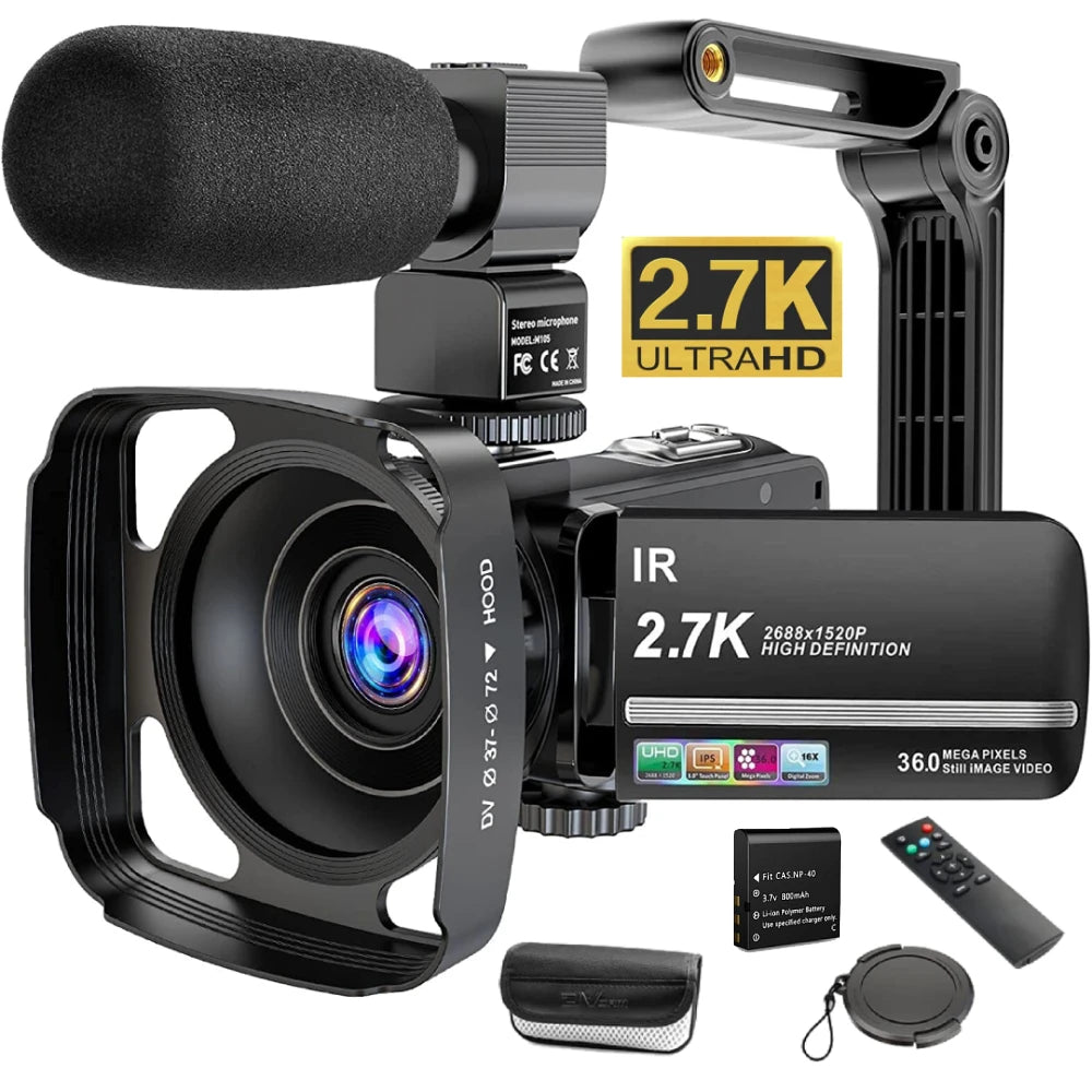 2.7K Camcorder Video Camera 36MP with LED Fill Light,16X Digital Zoom Camera Recorder 3.0" IPS Touch Screen Vlogging Camera Kit