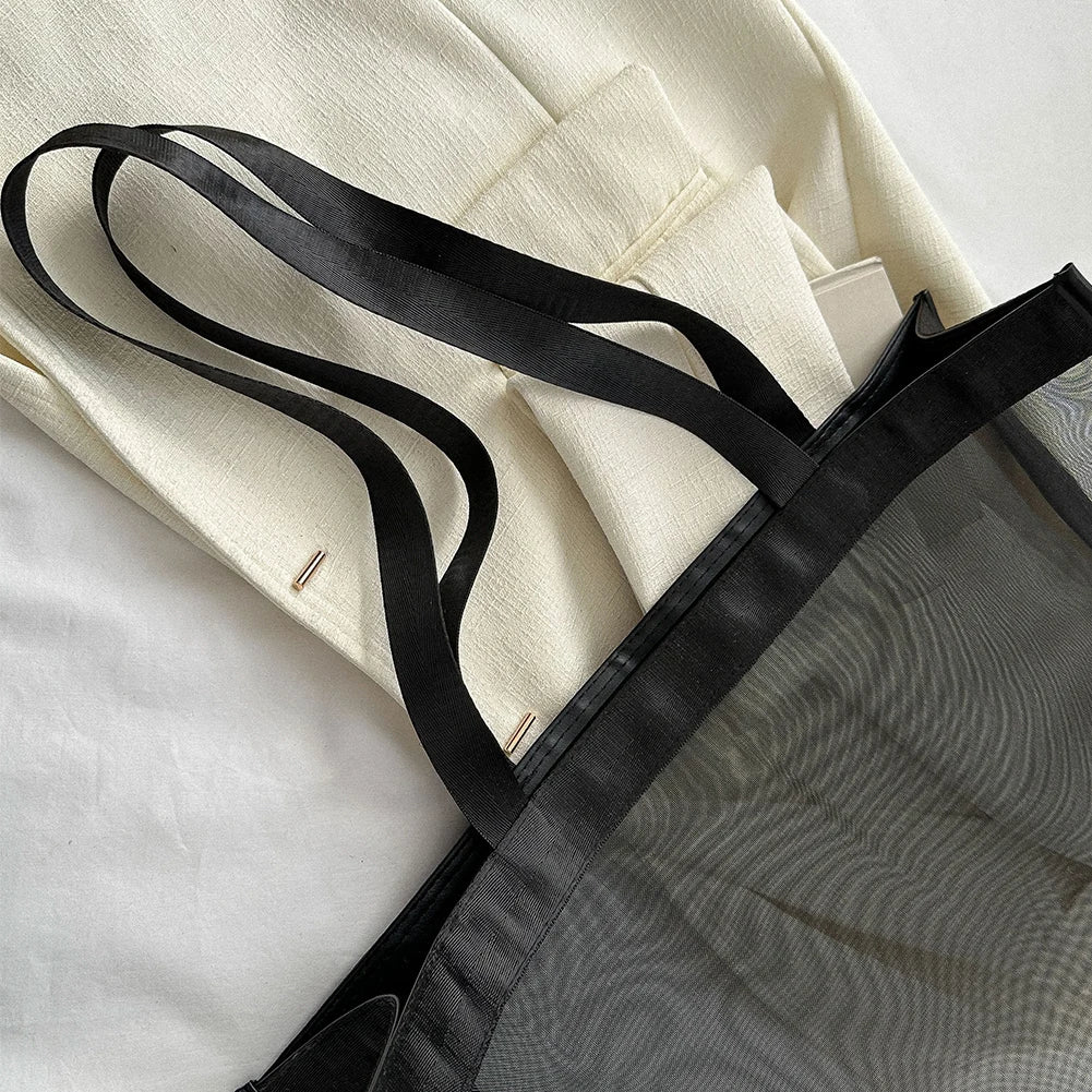 Fashion Totes Bags Large Capacity Mesh Top-Handle Handbag Solid Color Storage Bags Transparent All-match for Beach Swimming