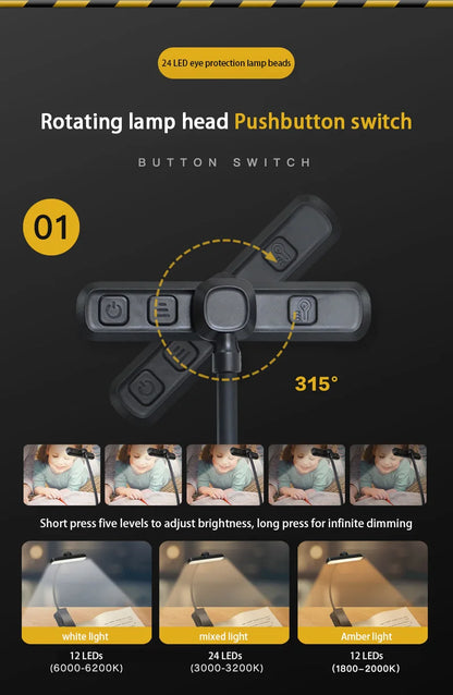 LED Book Light USB Rechargeable Reading Light Warm Cool White Daylight Portable Flexible Easy Clip Night Reading Lamp New
