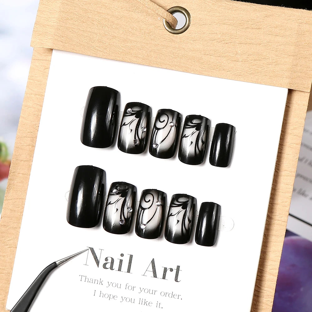 24pcs Glossy Black Flower Press on Nails with Rhinestones Wearable Short Square False Nails Finished Reusable Press on Nails