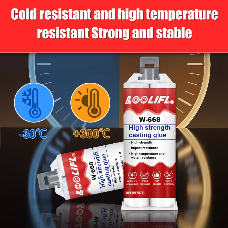 Casting adhesive, strong welding adhesive, suitable for cast iron and cast aluminum, waterproof and corrosion resistant.