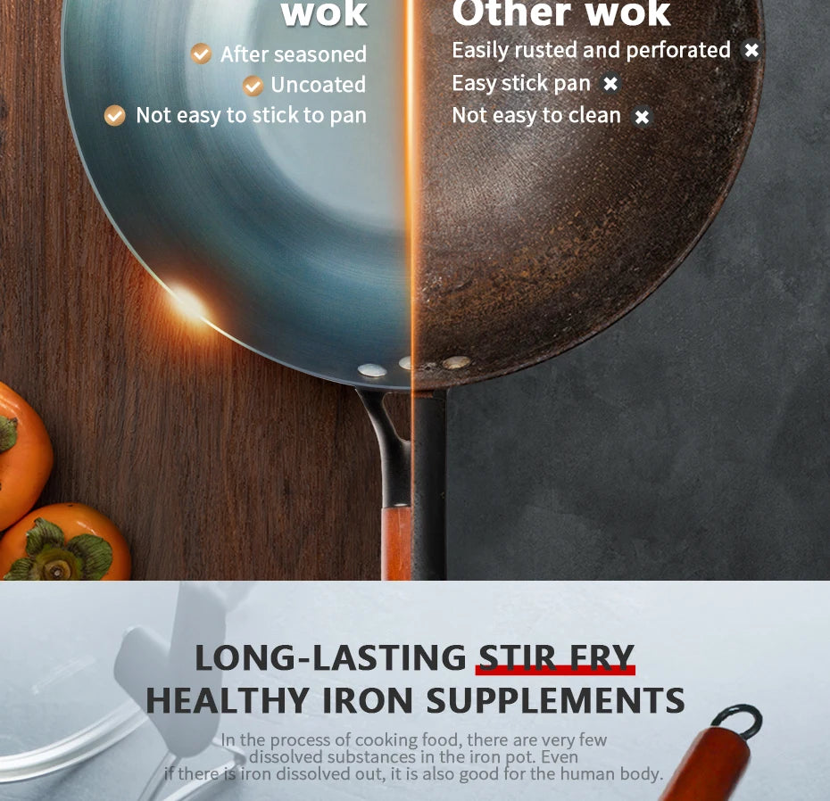 Flat Bottom Wok Pan 13.5" Woks and Stir Fry Pans Blue iron Cookware Traditional Chinese Cookware for Electric Induction Cooktops