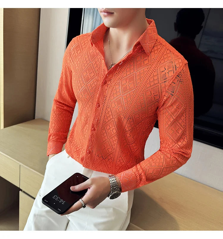 Quality Hollow Shirts For Men Korean Luxury Clothing Fashion Sexy Lace Men's Social Shirt Dress Slim Fit Long Sleeve Prom Tuxedo