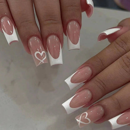 24PCS Press On Nails Short Pink Square Fingertip French Trim Press On Nails Love Design Sweet Nails Glisten Press On Nails