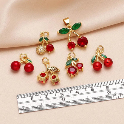 OCESRIO Crystal Green Leaves Cherry Pendant for Necklaces Copper Gold Plated Enamel Fruit Jewelry Making Component pdtb791