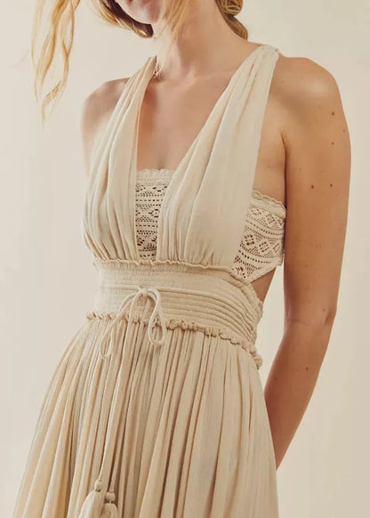 canwedance Summer Beach Dress Sleeveless Cotton Maxi Dresses Boho Style Solid Color Lace Ruffled Sundress Mujer Vestidos