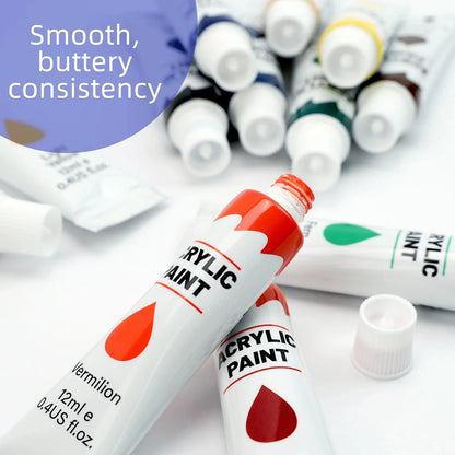 Acrylic Paints Set - 12/24 Colors 12ml Art Painting Kit Supplies for Wood, Canvas, Fabric, Rock, Glass - Non-Toxic Acrylic Paint