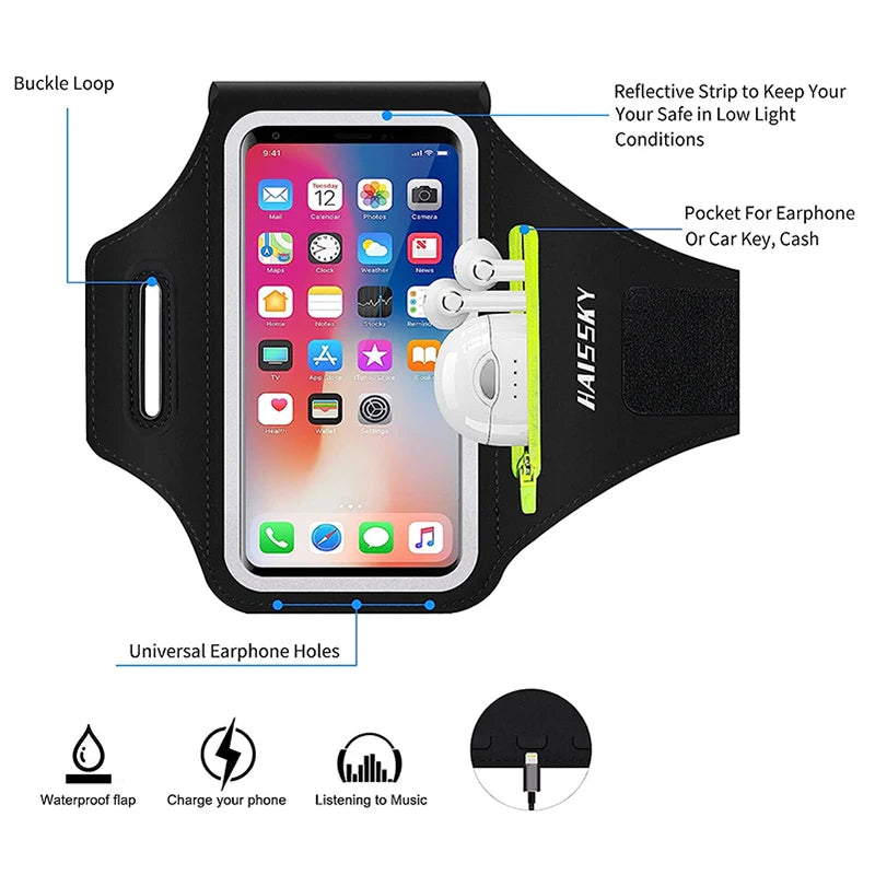 HAISSKY Zipper Pocket Running Sports Armband For iPhone 16 15 14 13 12 11 Pro Max 15 Plus Belt On Hand Phone Brassard Bags
