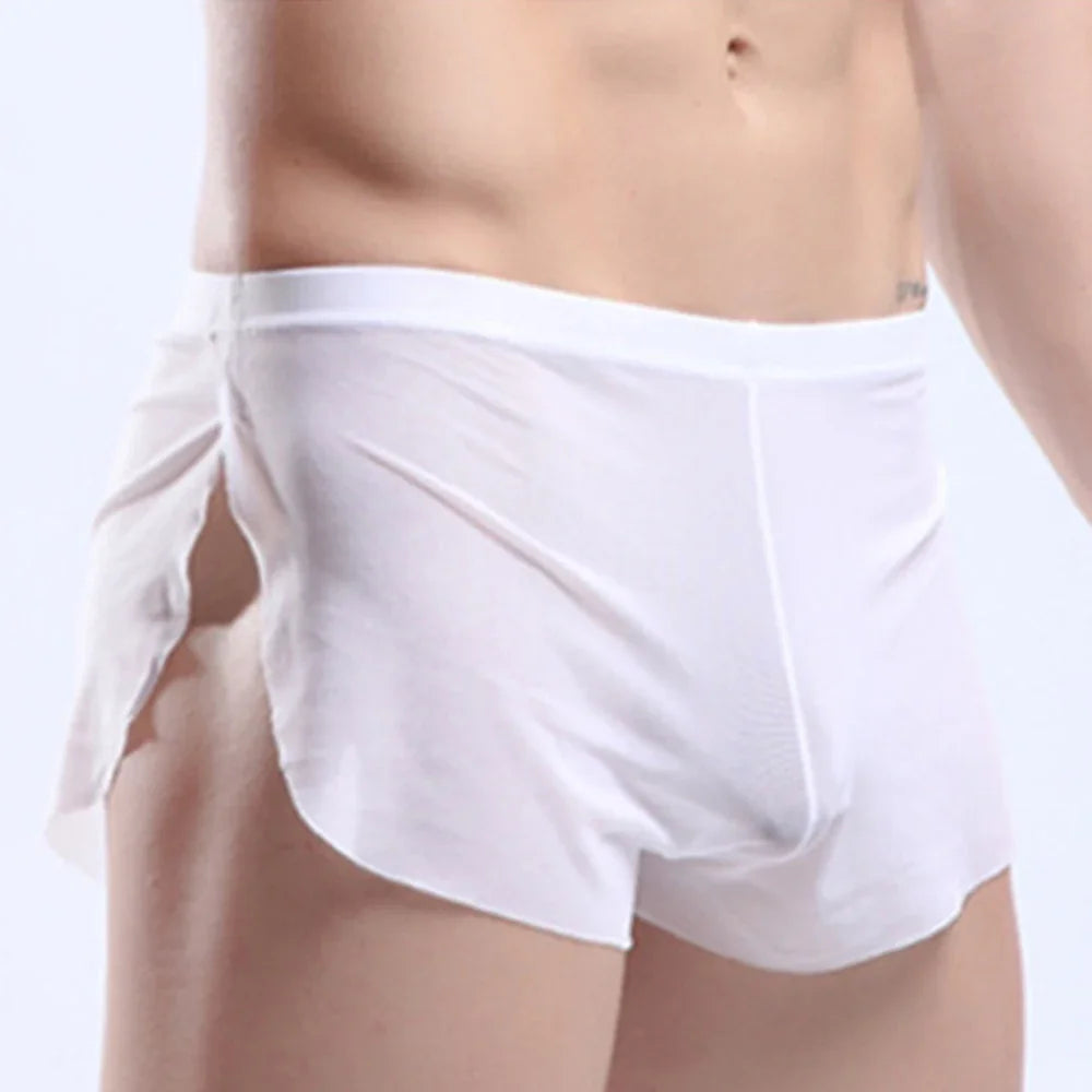 Mens Sexy Underwear Wet Look Lingerie Breathable Pouch Boxer Shorts Side Split Trunks Quick Dry Underpants Ultra Thin Panties