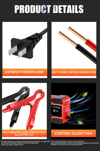 12V 24V 12A 10A Battery Charger Smart Fast Charging for Car Batteries 7-Stage Charge Pulse Repair for AGM GEL WET Lead Acid