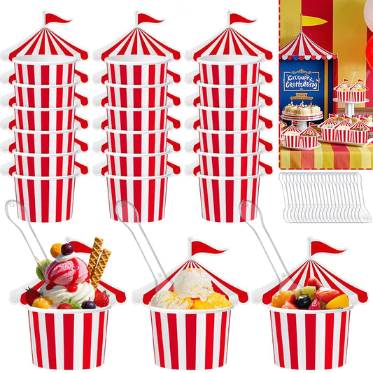 24Pcs Ice Cream Cups with 100 Spoons Carnival Party Circus Tent Shaped 8 oz Paper Carnival Cup Red White Striped Snack Cup Party