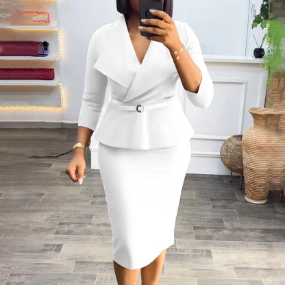 Elegant Office Dresses for Woman V Neck Full Sleeve Belt Waisted Sheath Package Hips Mid Calf Formal Business Work Wear Gowns OL