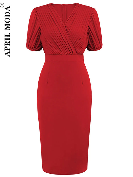 2025 Elegant Office Lady Workwear Women's Gorgeous Work Pencil Dress Solid Short Sleeve Sexy Bodycon Vintage Wrap Bodycon Dress