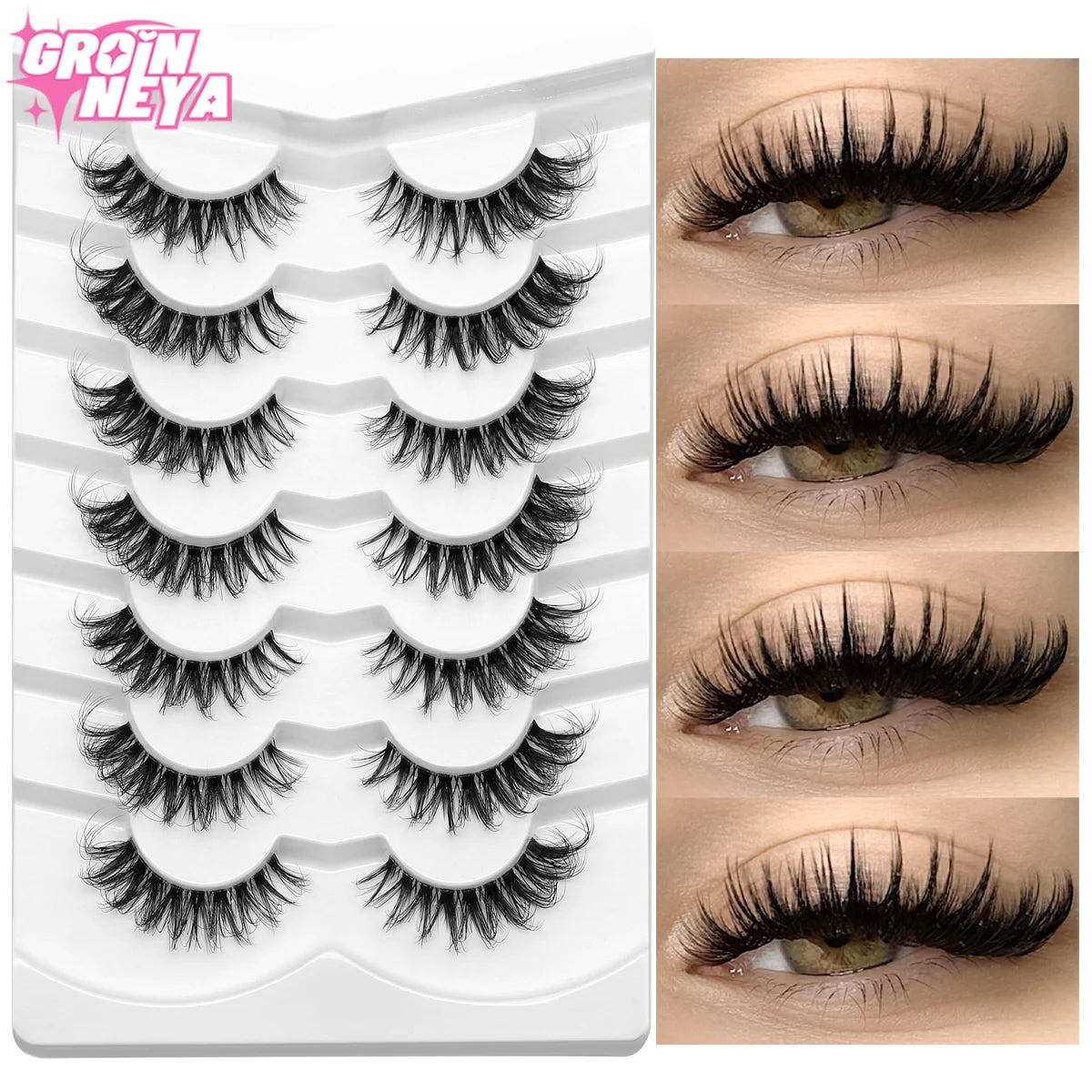 GROINNEYA Lashes 5/7 Pairs Wispy Mink Lashes Invisible Band Eyeashes Look Like Extensions Strip Lashes Natural Look Soft Fluffy