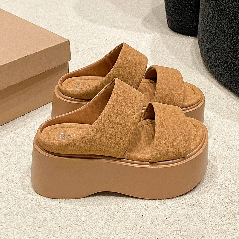 Summer 2023 Chunky Sandals Women's Thick Bottom Wedge Heels Slides 8CM High Heels Platform Leather Casual Beach Flip Flops Woman