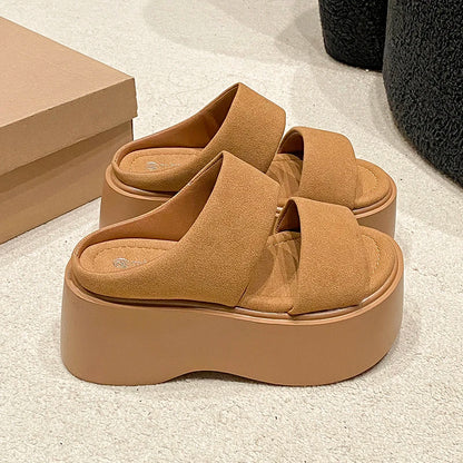Summer 2023 Chunky Sandals Women's Thick Bottom Wedge Heels Slides 8CM High Heels Platform Leather Casual Beach Flip Flops Woman