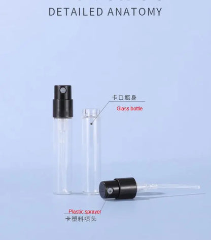 1.5ml 2ml 2.5ml Glass Bayonet bottle with White Black Clear 3 Color Plastic Sprayer Sample Spray Bottle 100pcs