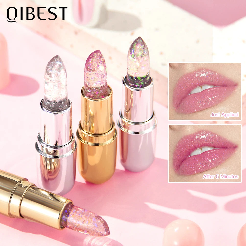 QIBEST Glitter Jelly Lipstick Lip Balm Colors Changing Lipstick Moisturizing Makeup Water Glossy Transparent Lip Stain Cosmetics