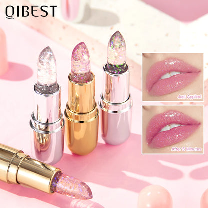 QIBEST Glitter Jelly Lipstick Lip Balm Colors Changing Lipstick Moisturizing Makeup Water Glossy Transparent Lip Stain Cosmetics