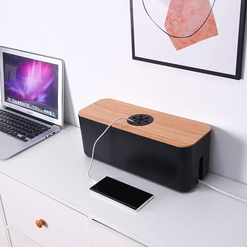 Cable Storage Box Power Strip Case Wooden Power Line Wire Management Organizer Anti-Dust Charger Socket Network Line Storage Bi