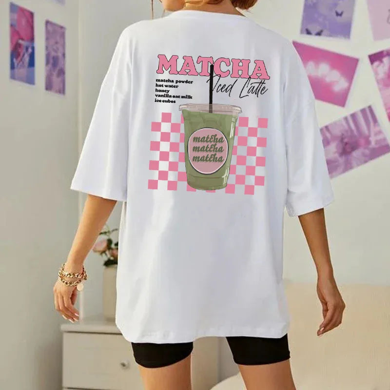 Matcha Latte Back Print T-Shirt Women Fashion Clothing Cute Matcha Lover T Shirt Y2k Aesthetic Egirl Loose Retro Streetwear Tops