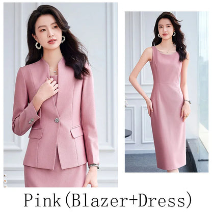 Office Suit Women Collarless Blazer + Vest Dress Set Executive Lady Workwear Elegant 2 Piece Set Long Sleeve Pink Suit Jacket