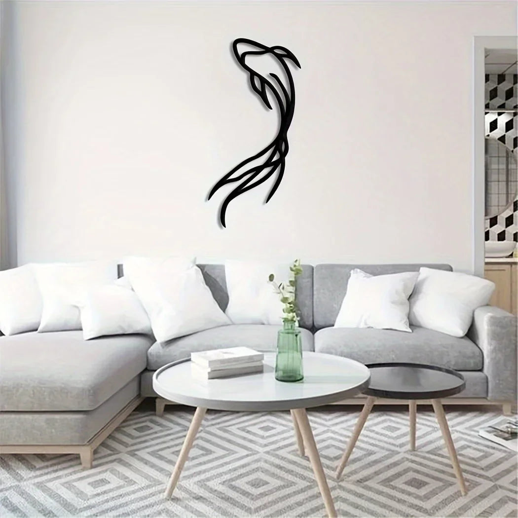 Feng Fish Art Metal Sculpture - Minimalist Line Art, Metal Wall Art, Betta Fish Wall Decor Abstract Art,Fish Vase Room Sticker