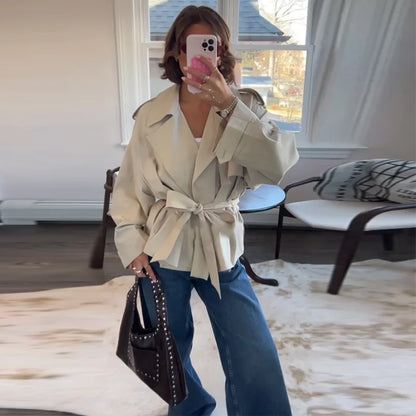 Casual Office Women's Bomber Jacket Chic Lace Up Lapel Collar Full Sleeve Female Coat Spring New Office Lady Outerwear Commuting