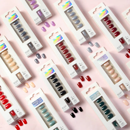 Short Full Press on Nails 24 Pcs False Nails Set Stick on Nails High Quality Reusable Fake Nails Solid Color Design Nail Art