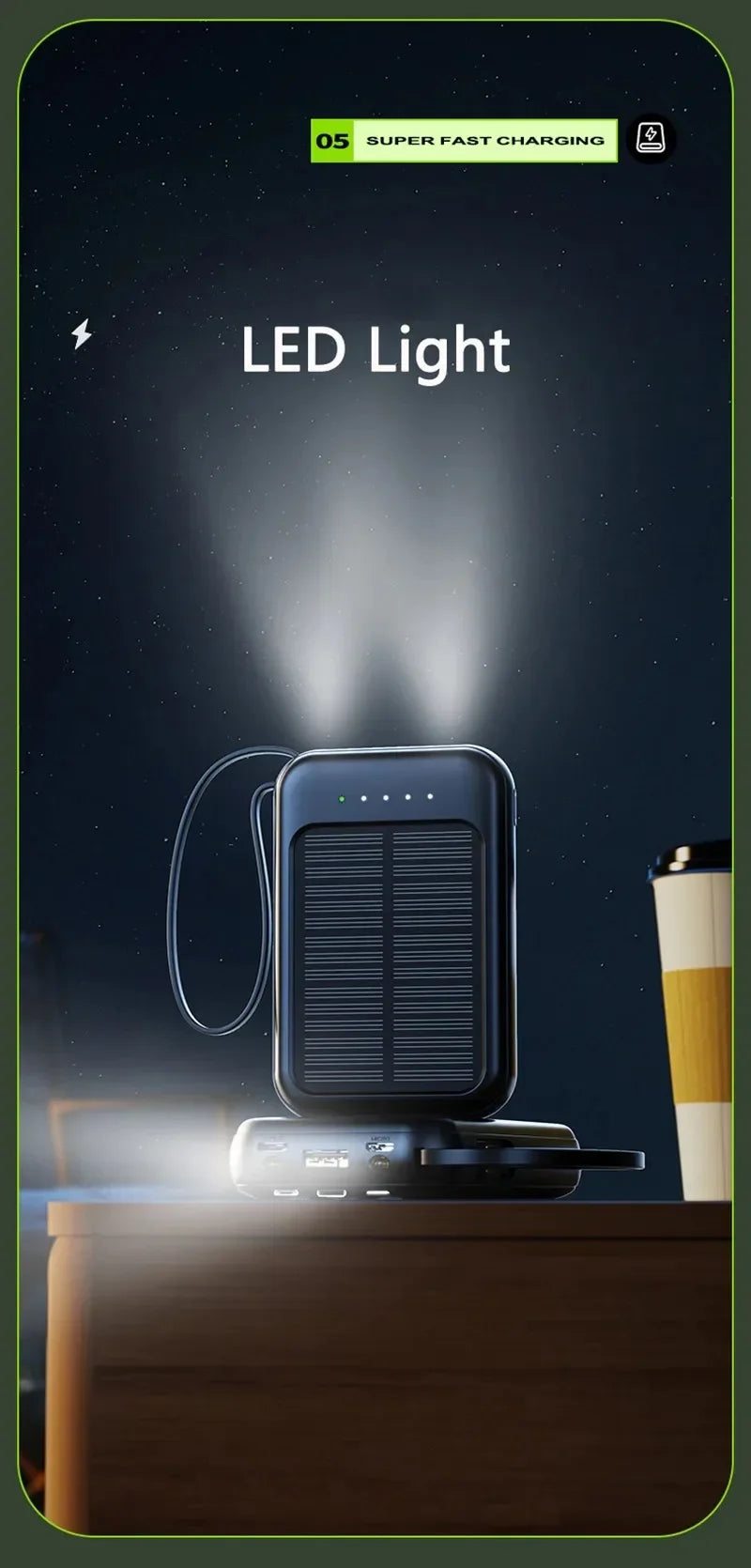 20000mAh High Capacity Solar Power Bank Built 4 Cables Fast Charger 2 USB Ports Portable External Powerbank LED Light Powerbank