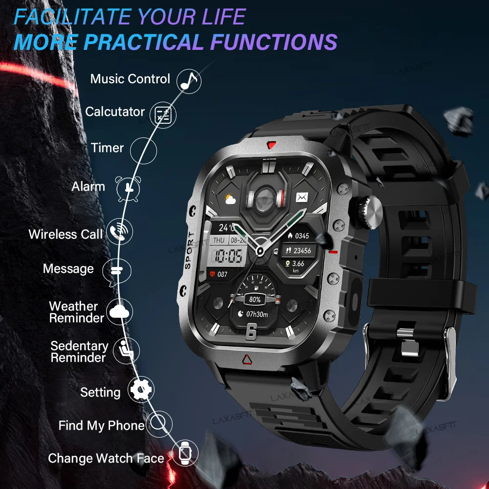 LAXASFIT Sports Smart Watch Men's Outdoor Sports Fitness Tracker Health Monitor LED Flashlight 2.01” Bluetooth Talk Smart Watch
