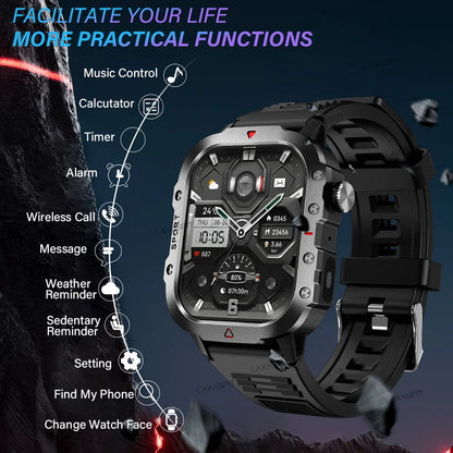 LAXASFIT Sports Smart Watch Men's Outdoor Sports Fitness Tracker Health Monitor LED Flashlight 2.01” Bluetooth Talk Smart Watch