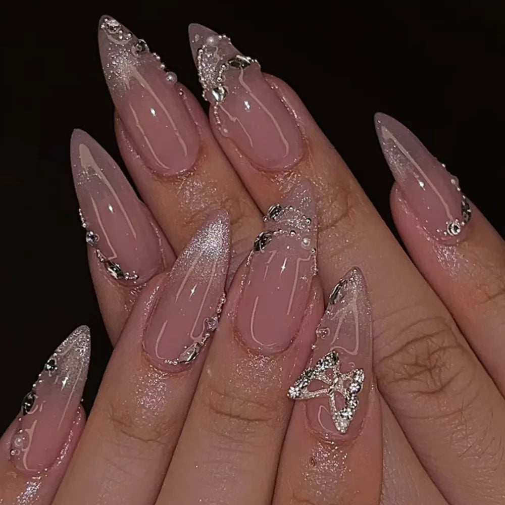 24pcs/Box Long Coffin False Nails Art Rose with Glue Wearable Nude Pink White Color Jelly Nails Tips Full Cover Press on Nails