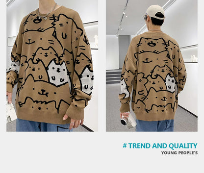 Autumn Cotton Anime Sweaters Men Retro Harajuku Vintage Oversized Sweaters Loose Cute Cartoon Cat Pullovers Homme Men Clothing