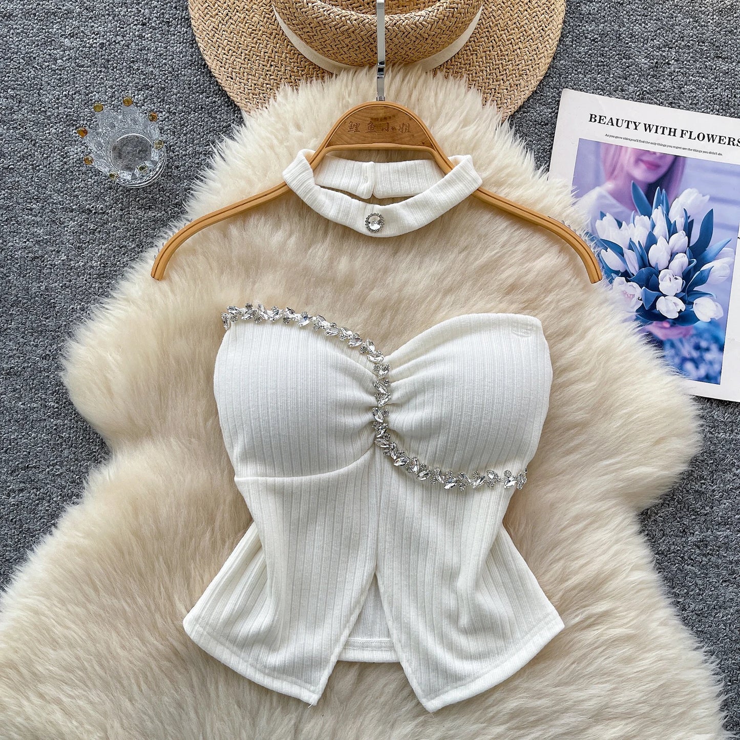 SINGREINY Strapless Sexy Ladies Top Summer Halter Beading Design Split Camisole Korean Skinny Streetwear Hotsweet Tank Top