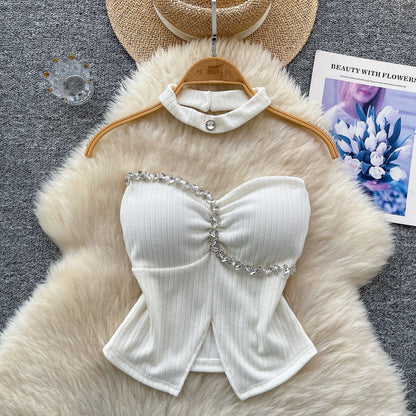 SINGREINY Strapless Sexy Ladies Top Summer Halter Beading Design Split Camisole Korean Skinny Streetwear Hotsweet Tank Top