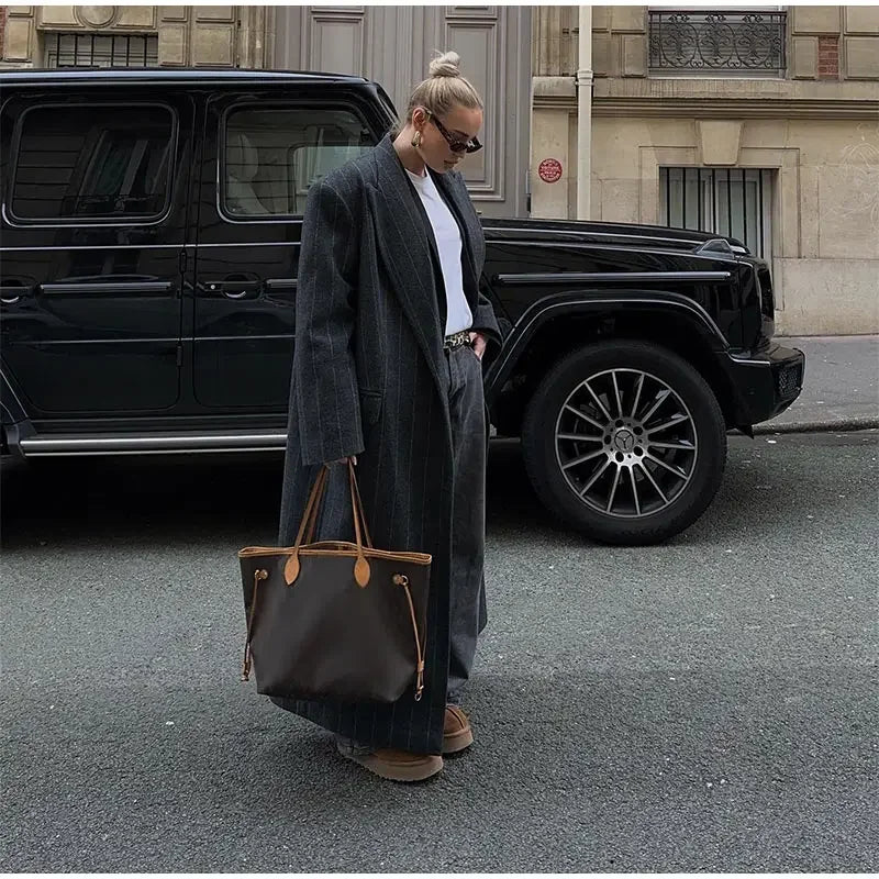 Retro Striped Lapel Woolen Long Coat Women Casual Loose Dark Grey Oversize Coats Female Winter Elegant Chic Outwear