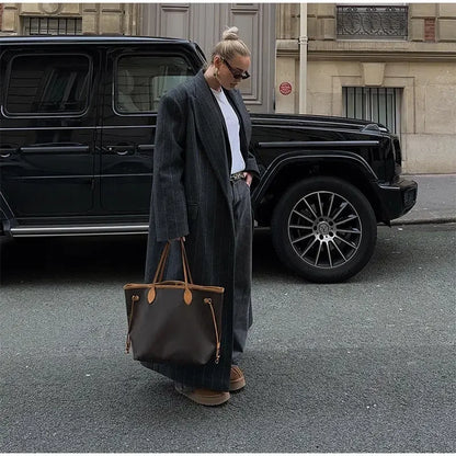 Retro Striped Lapel Woolen Long Coat Women Casual Loose Dark Grey Oversize Coats Female Winter Elegant Chic Outwear