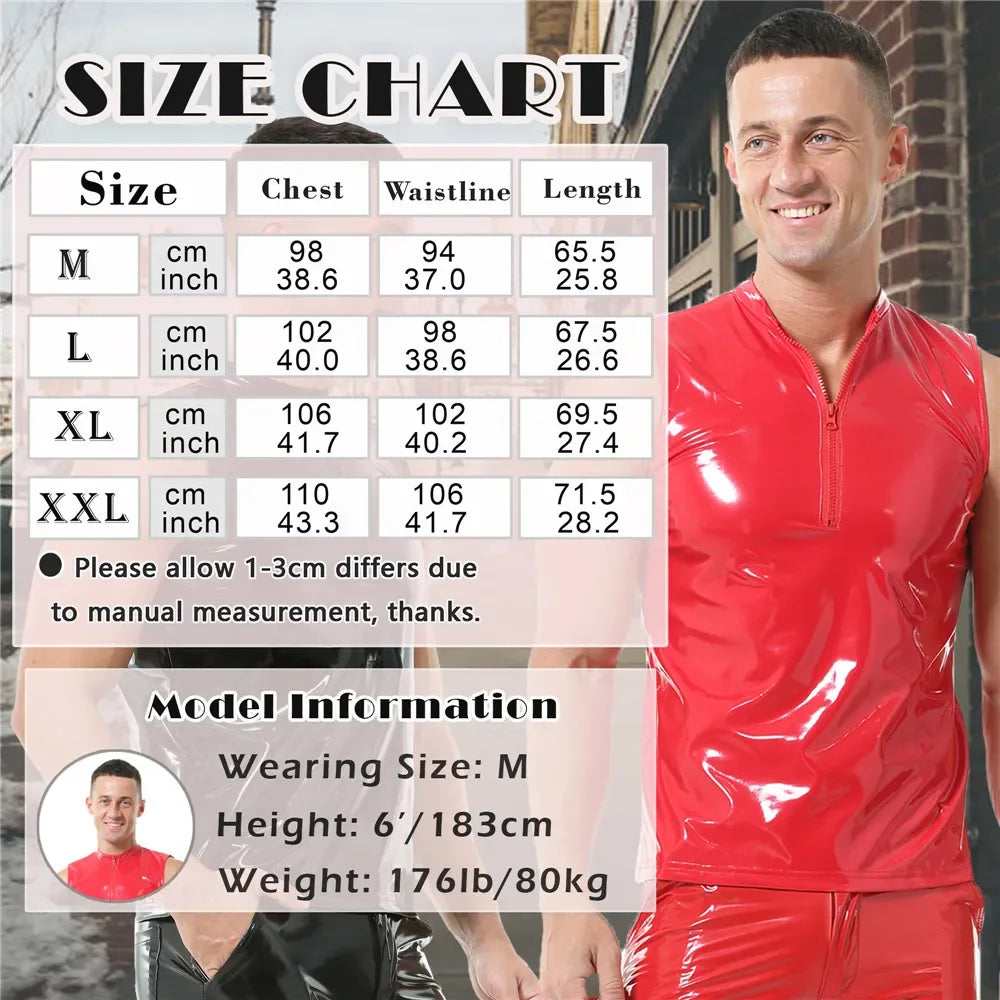 Mens Shiny Wet Look Leather Tank Top Zipper Glossy PVC Leather Sleeveless T-Shirts Shaping Wet Look Latex Leather Tanks Top Vest