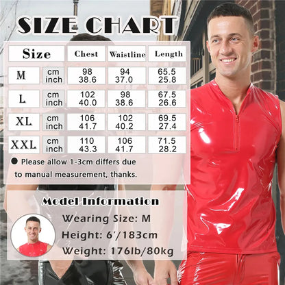 Mens Shiny Wet Look Leather Tank Top Zipper Glossy PVC Leather Sleeveless T-Shirts Shaping Wet Look Latex Leather Tanks Top Vest