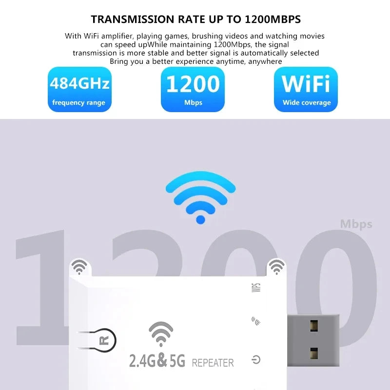 1200Mbps Wifi Extender USB Portable Wifi Repeater 2.4G/5G Router Wifi Booster Long Range Wifi Amplifer Home Network Extension