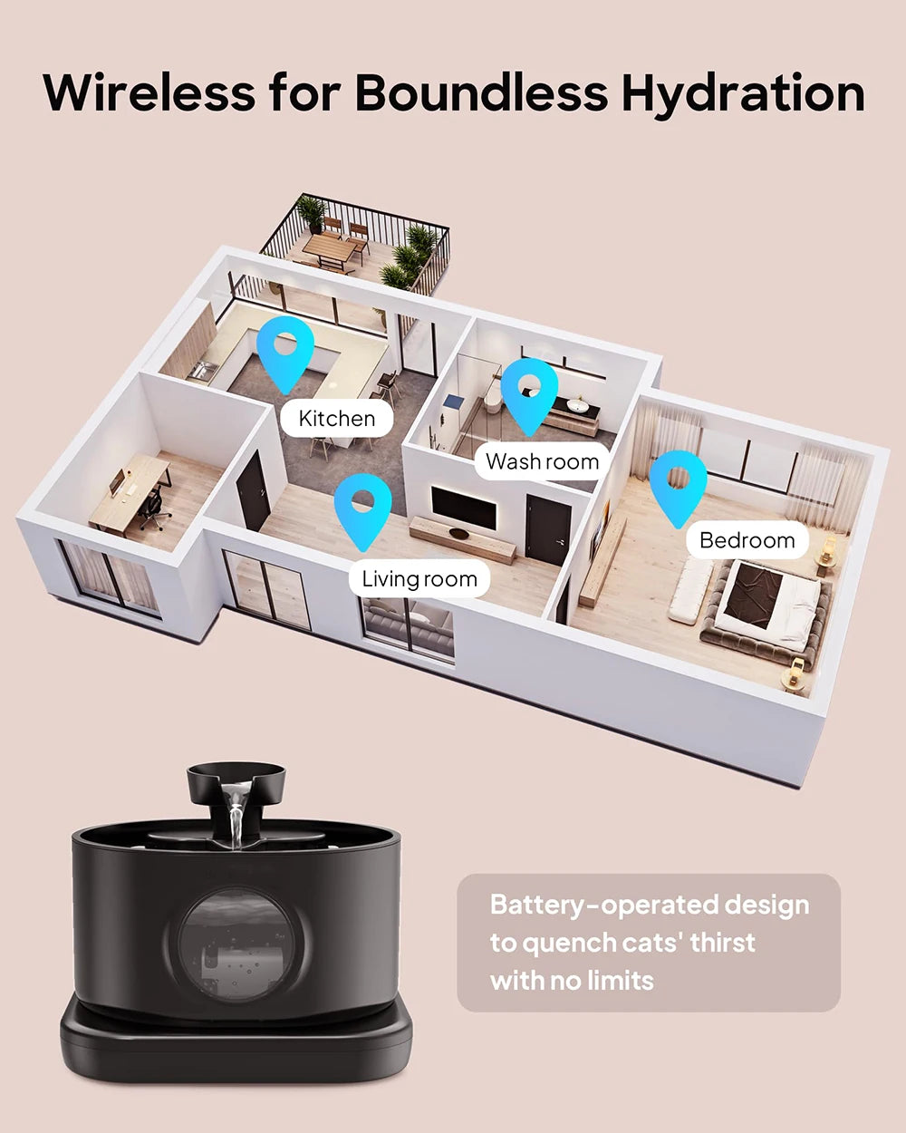 95 oz/2.8L Cordless Cat Water Fountain 5200mAh Rechargeable Battery Powered Pet Water Feeder Silent Pump Live Water Circulation