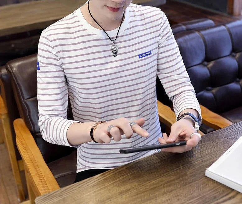 T Shirts for Men Stripe Tops Red Cotton Male Clothes Round Neck Harajuku Fashion Sale High Brand Regular Fit It Full Sleeve Tee