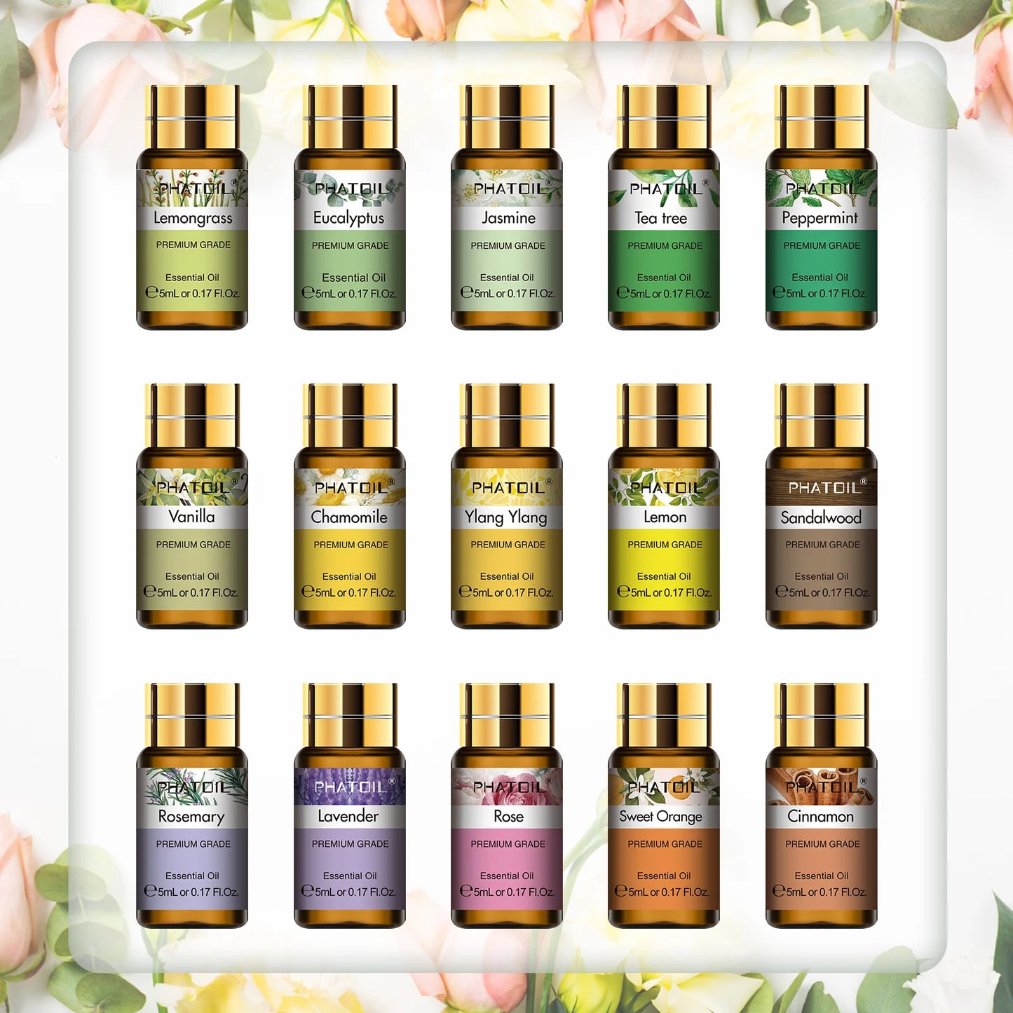 PHATOIL 15 Bottles Essential Oils Set-5ml Lavender Eucalyptus Vanilla Peppermint Rose Lemon Cinnamon Aromatherapy Essential Oils