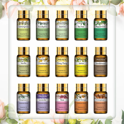 PHATOIL 15 Bottles Essential Oils Set-5ml Lavender Eucalyptus Vanilla Peppermint Rose Lemon Cinnamon Aromatherapy Essential Oils